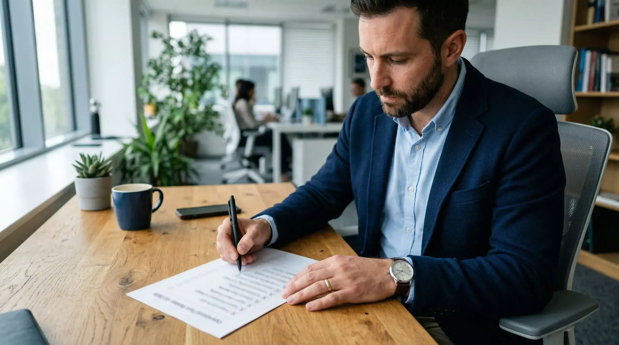 Person prüft Bewertungskriterien auf einem Dokument mit Stift in der Hand