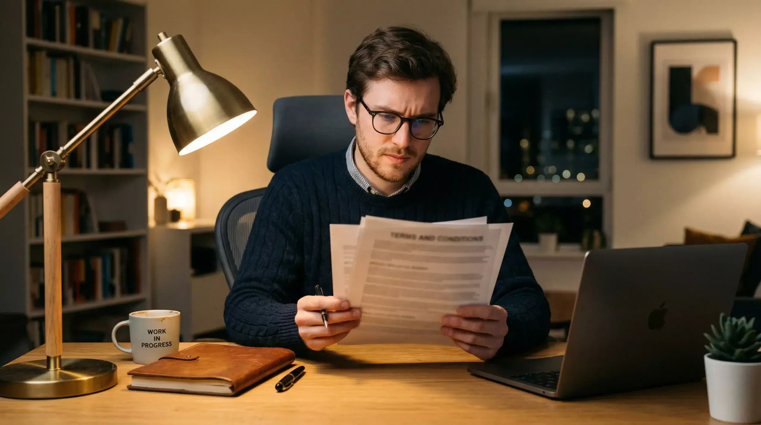 Mann am Schreibtisch liest Bonusbedingungen auf einem Dokument