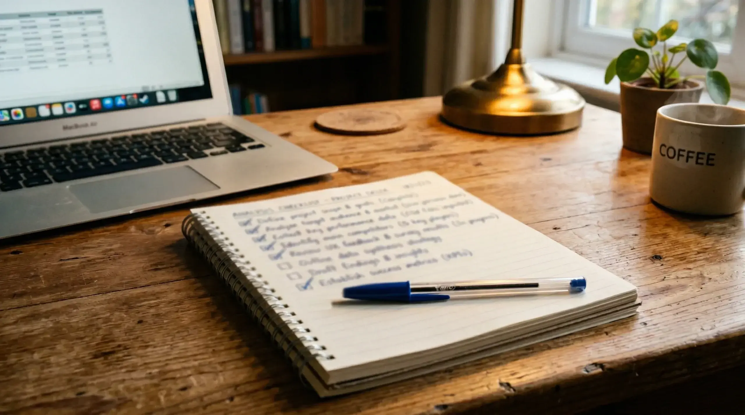 Notizblock mit Analyse-Checkliste und Stift auf dem Schreibtisch