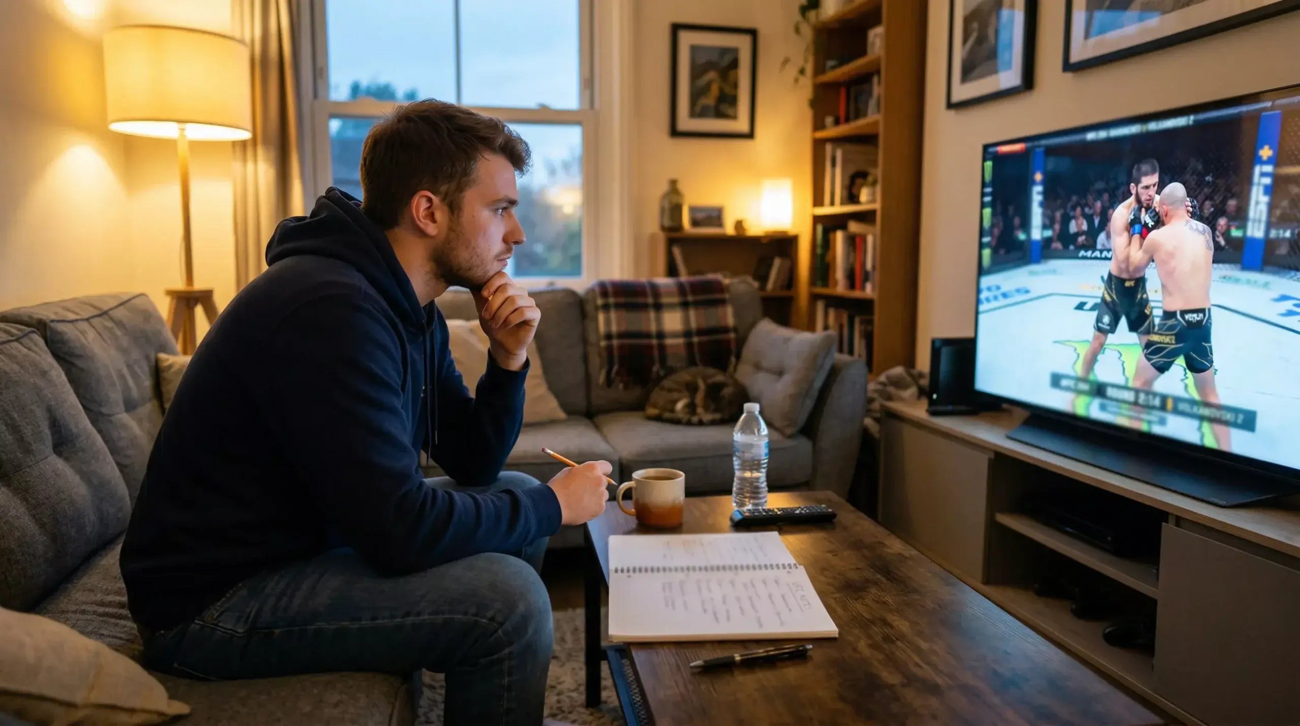 Einsteiger verfolgt aufmerksam einen UFC-Kampf auf dem Fernseher