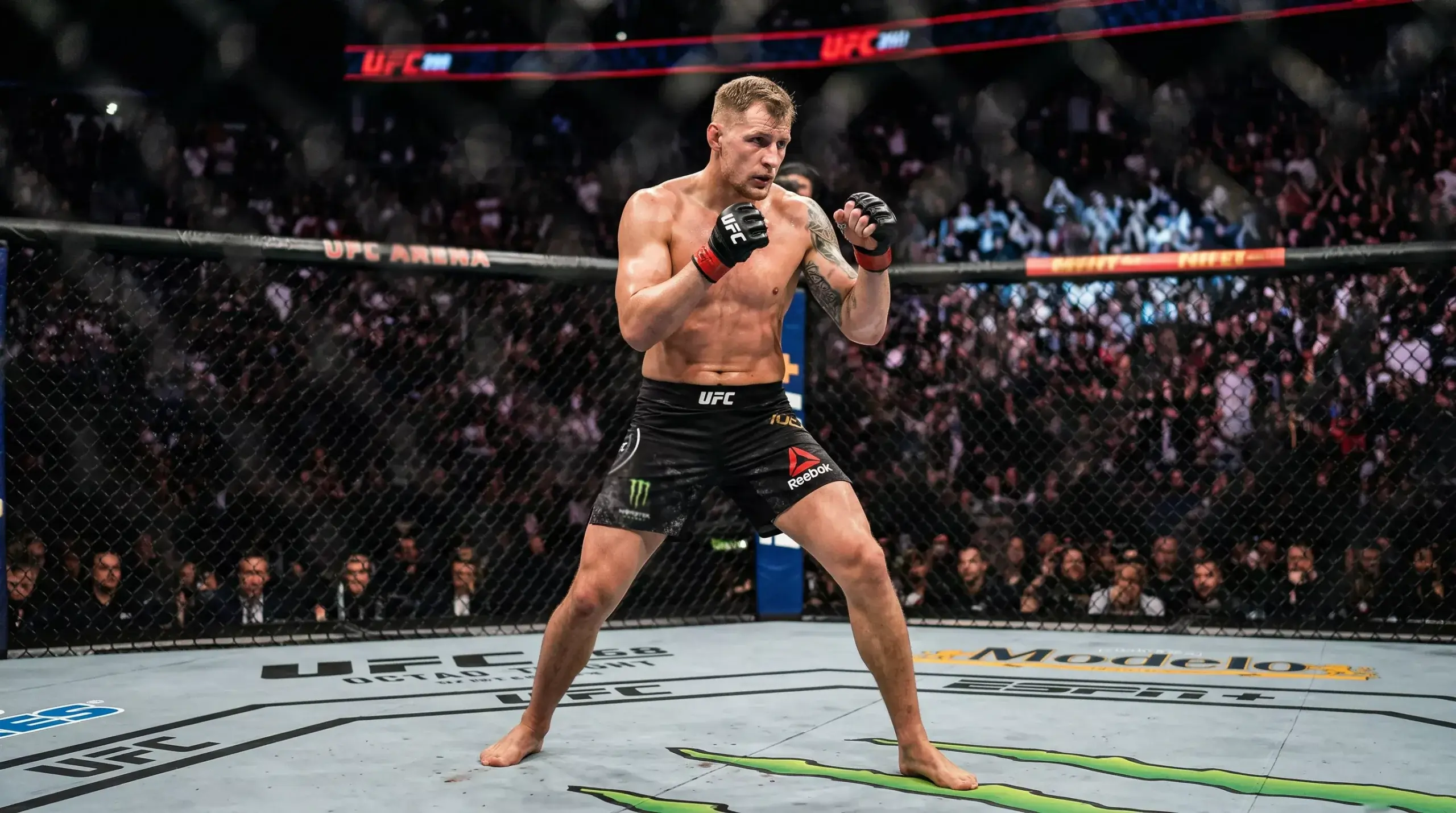 MMA-Kämpfer in Kampfstellung zeigt verschiedene Kampfstile im Oktagon