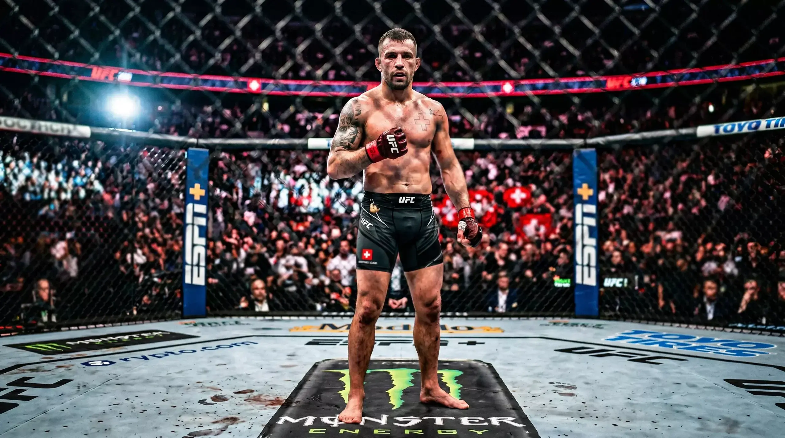 UFC-Kämpfer im Oktagon mit Schweizer Flagge im Hintergrund