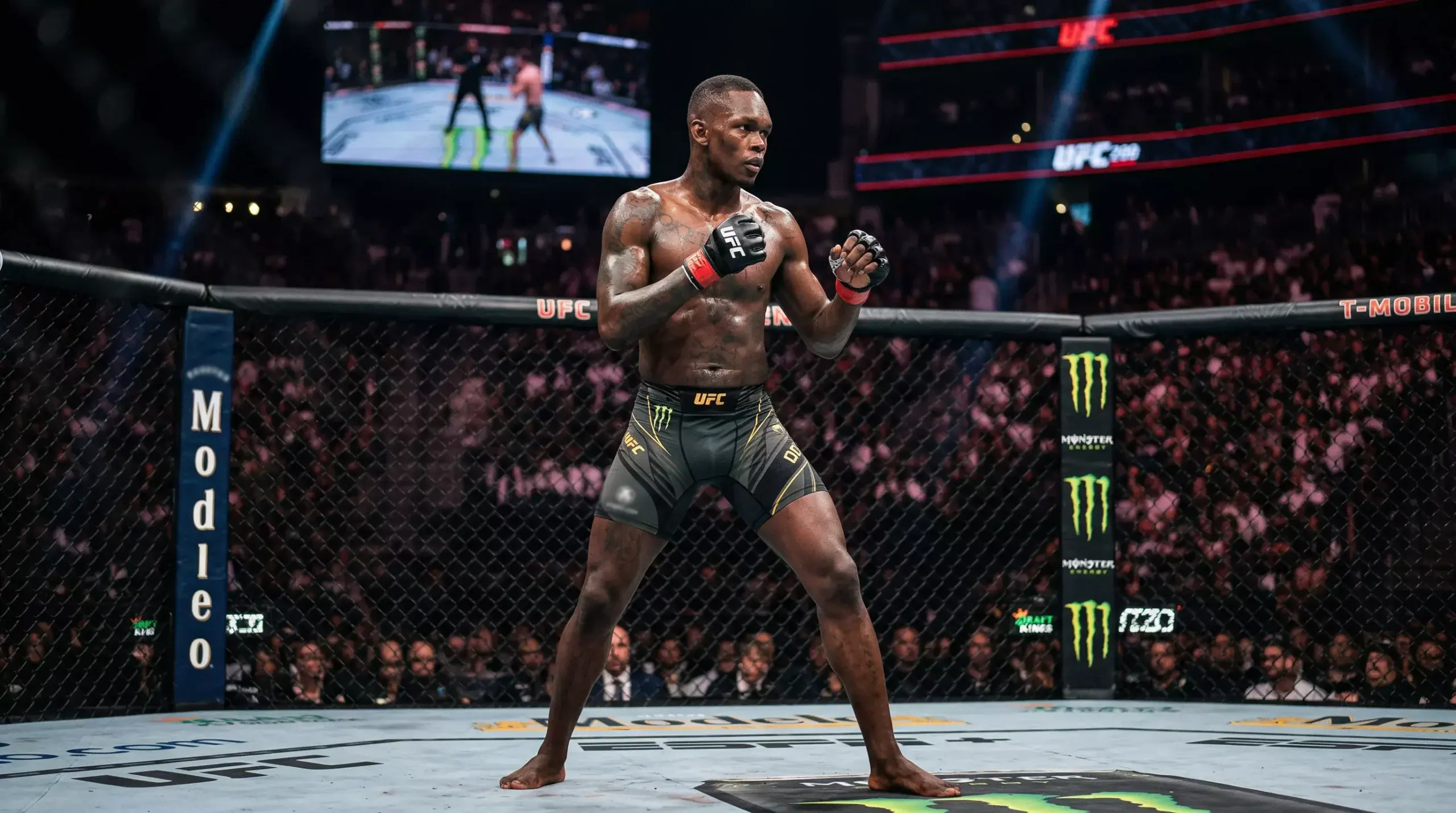 MMA-Kämpfer analysiert seinen Gegner im Oktagon vor dem Kampf