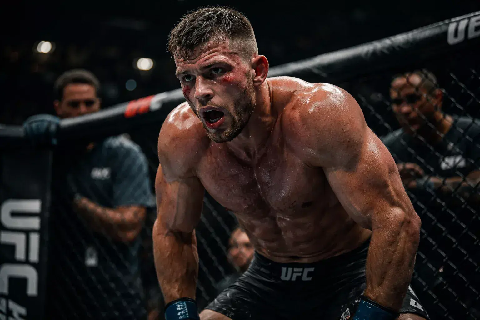 Detailaufnahme eines UFC-Kampfmoments mit sichtbarer Erschöpfung eines Kämpfers