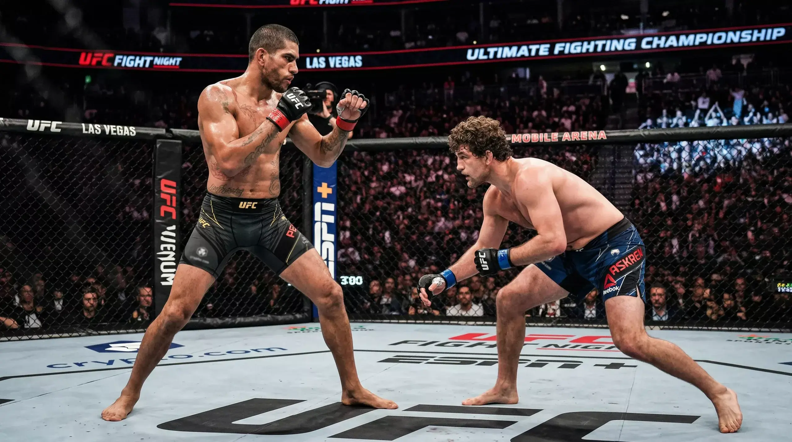 Zwei MMA-Kämpfer in unterschiedlichen Kampfpositionen im Oktagon