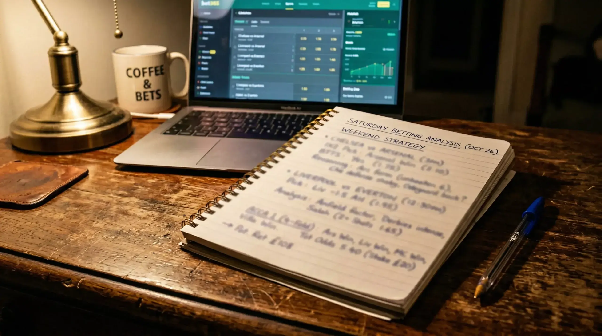 Notizblock mit mehreren Wettanalysen und einem Stift auf einem Schreibtisch