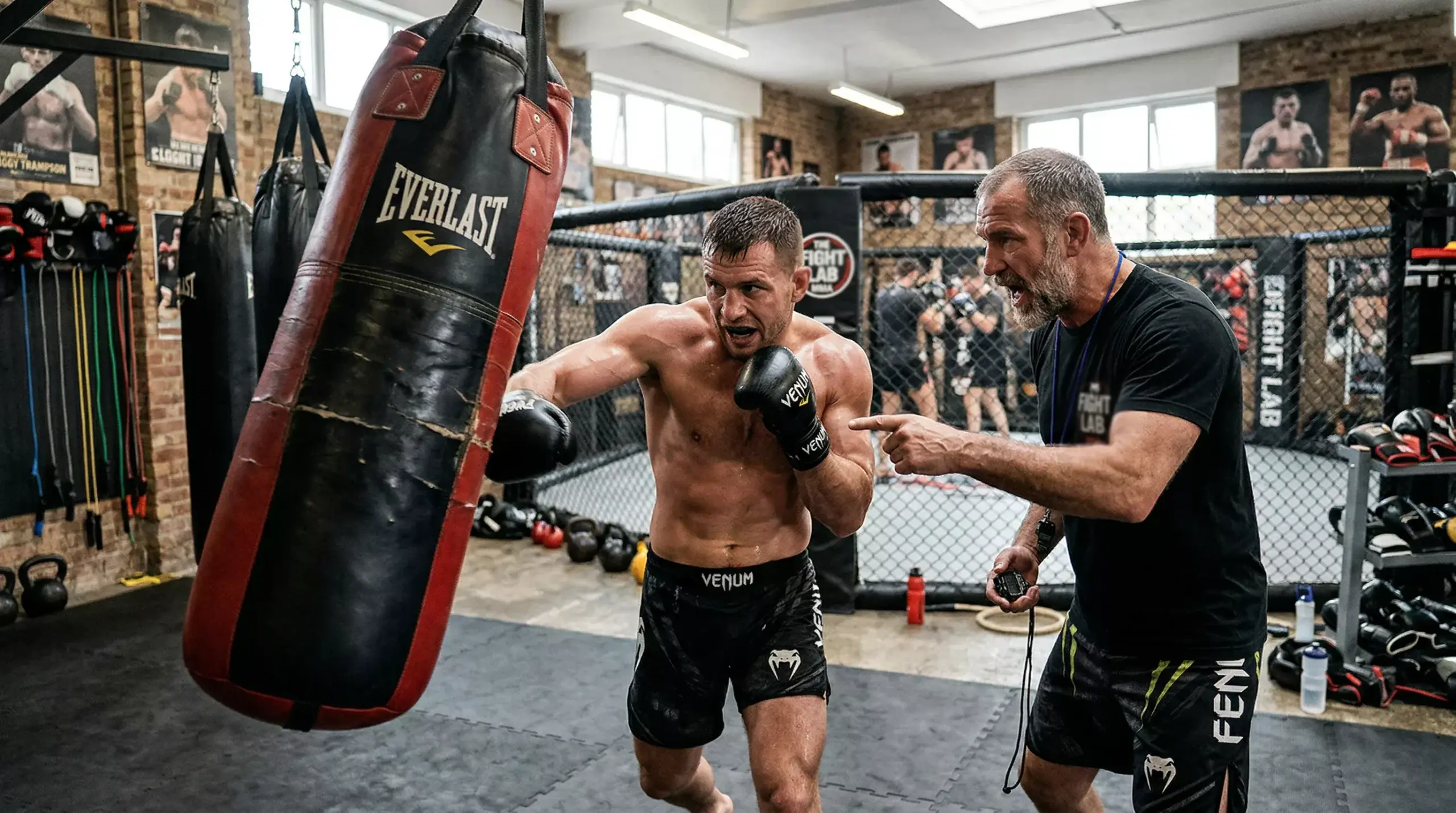 MMA-Kämpfer trainiert mit seinem Coach im Trainingslager