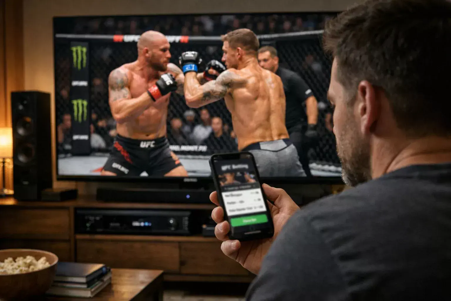 Person verfolgt UFC-Kampf auf Bildschirm mit Smartphone für Wetten bereit