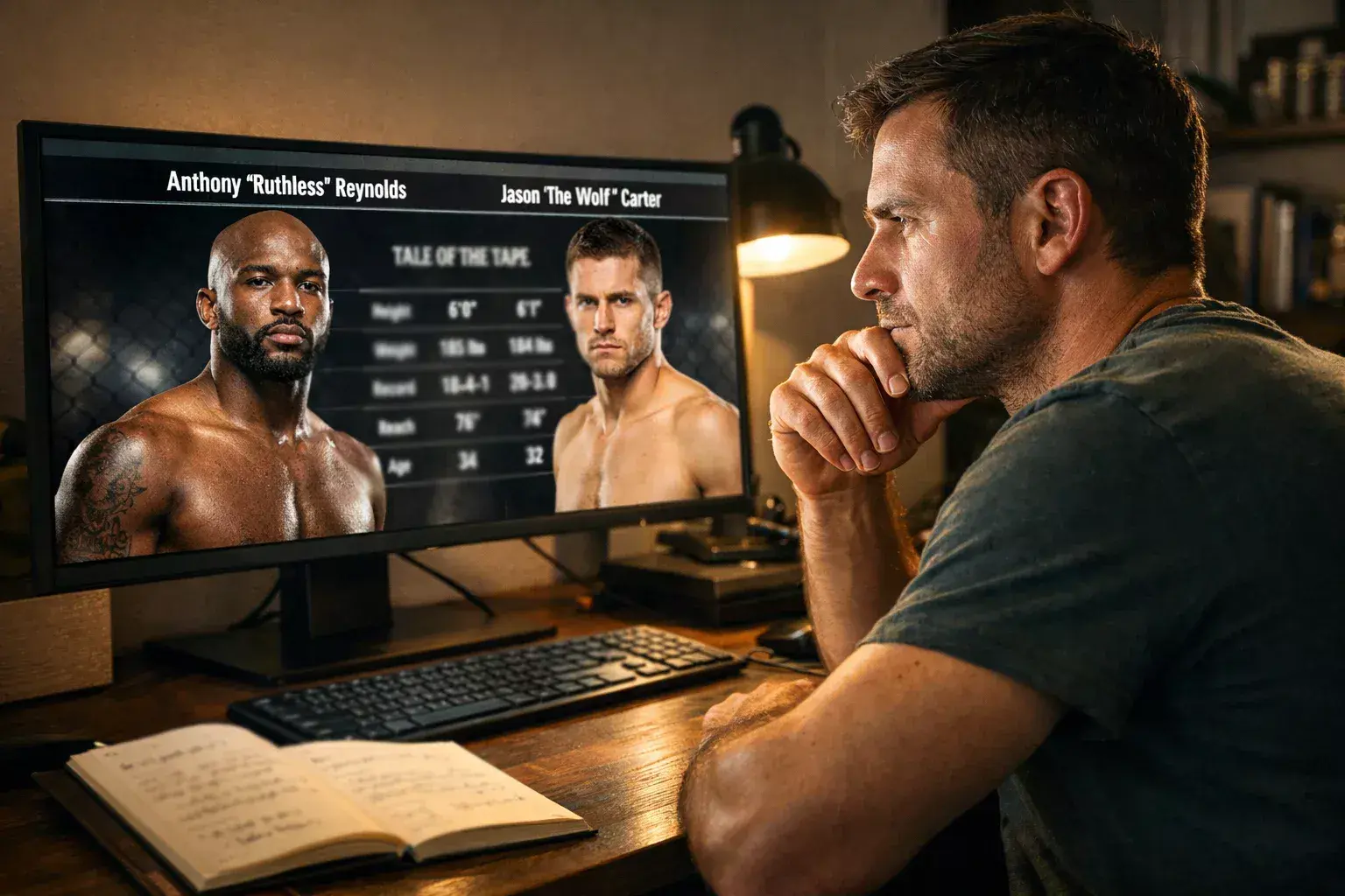 Person analysiert zwei Kämpferprofile nebeneinander auf dem Bildschirm