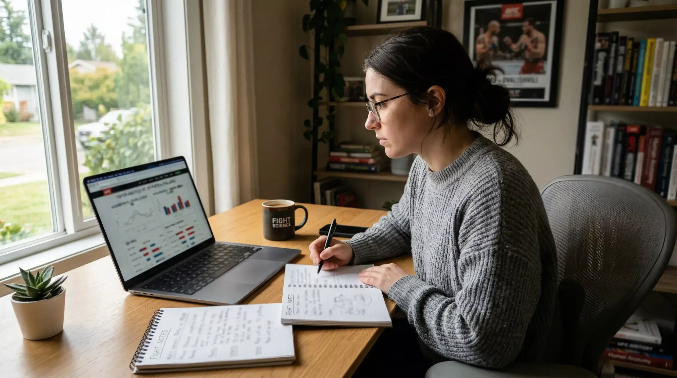 Person recherchiert MMA-Kämpferstatistiken auf Laptop mit Notizen