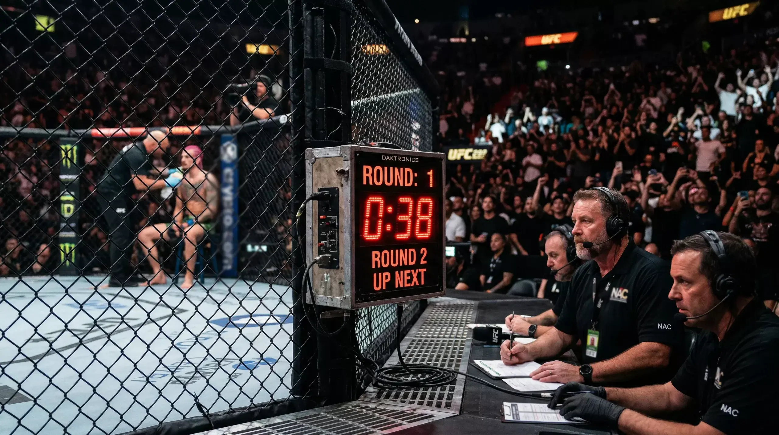 Rundenanzeige im UFC-Oktagon mit Zeitanzeige während eines Kampfes