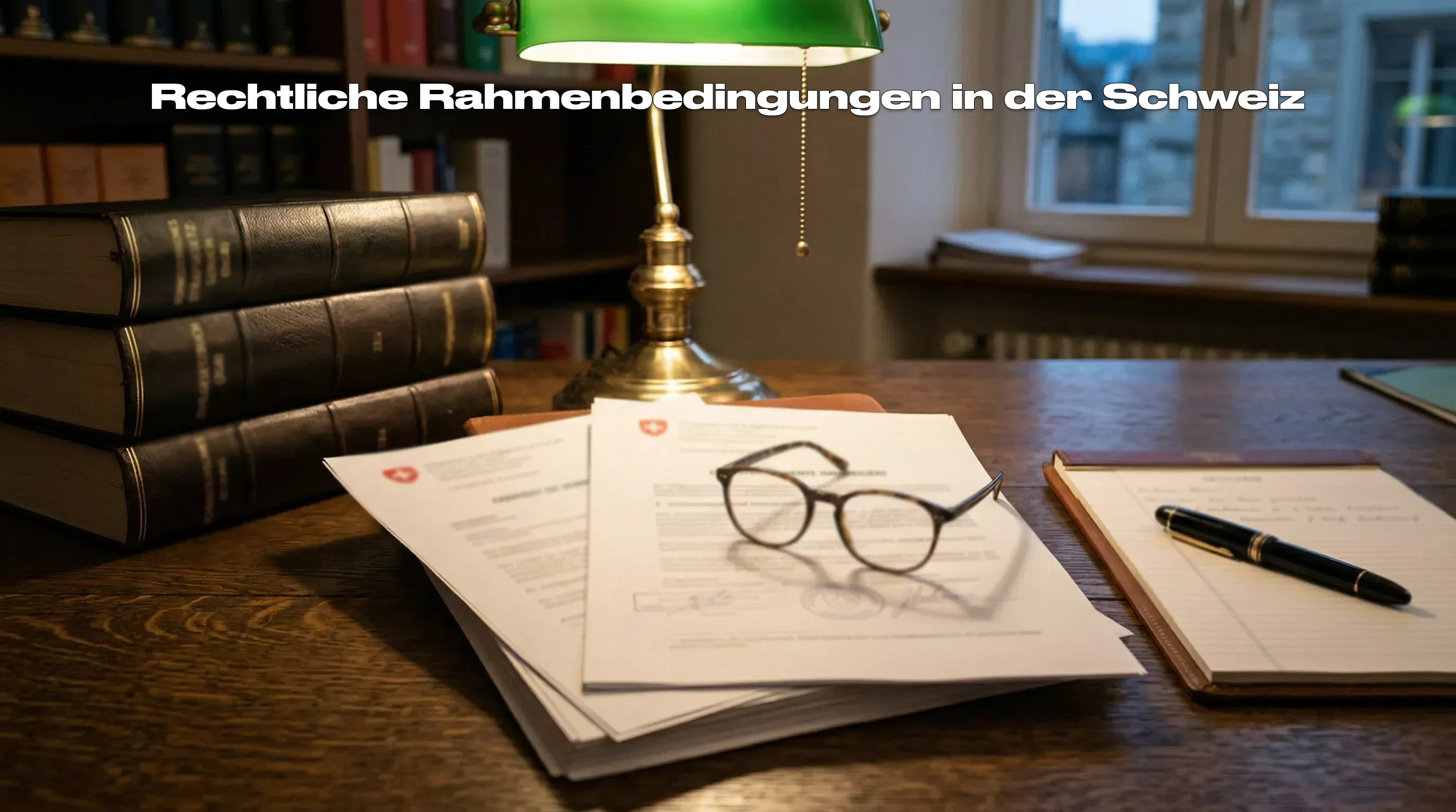 Schweizer Rechtsdokumente und Gesetzbücher auf einem Schreibtisch