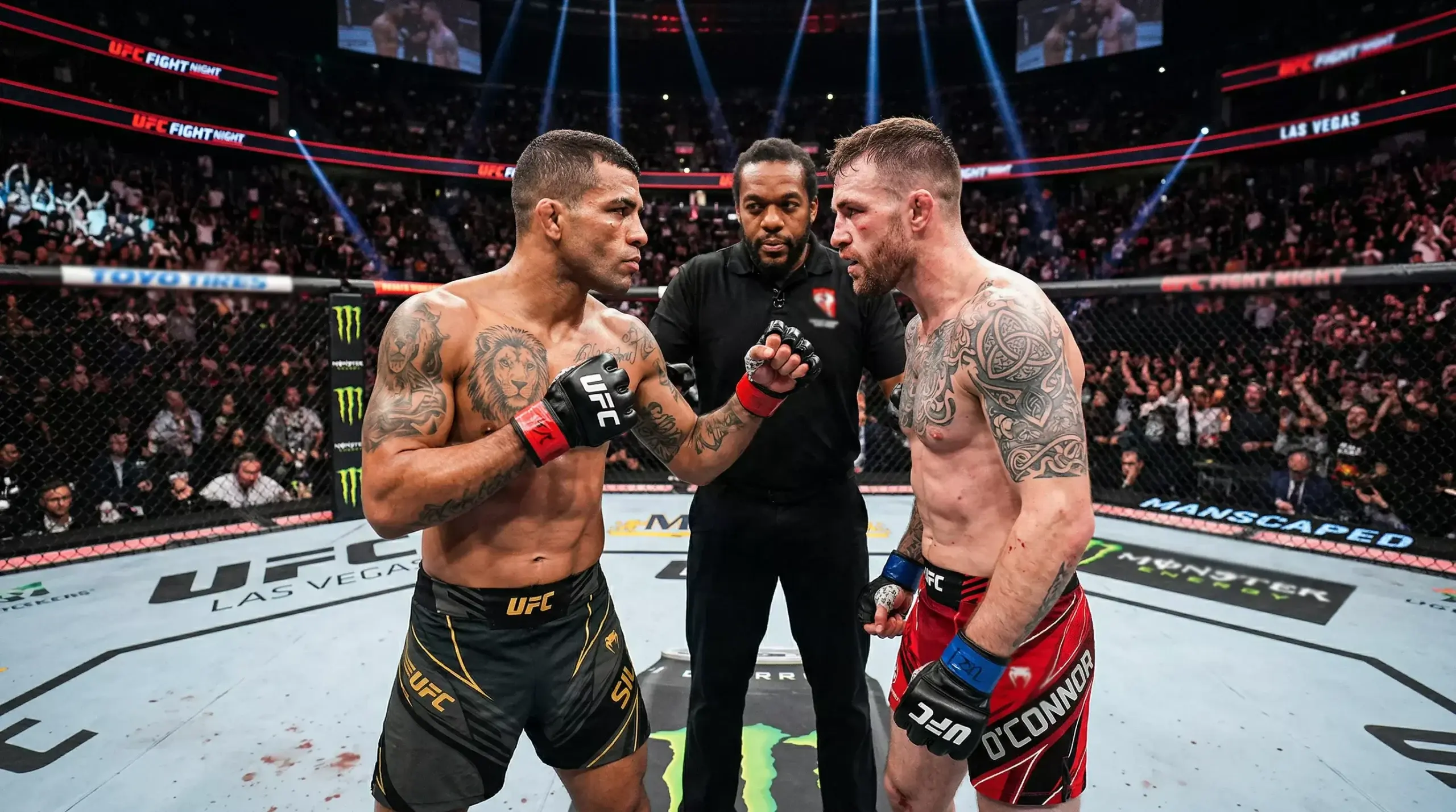 Zwei MMA-Kämpfer stehen sich im Oktagon gegenüber vor Kampfbeginn