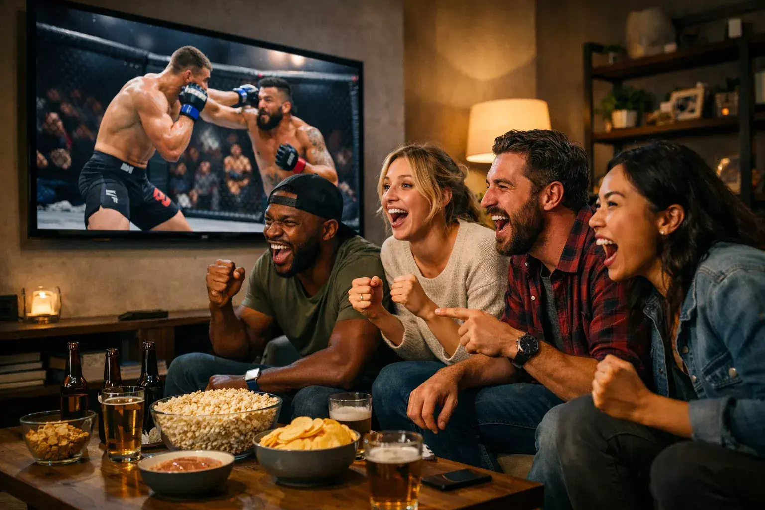 Gruppe verschiedener Personen schaut gemeinsam einen MMA-Kampf auf einem grossen Bildschirm