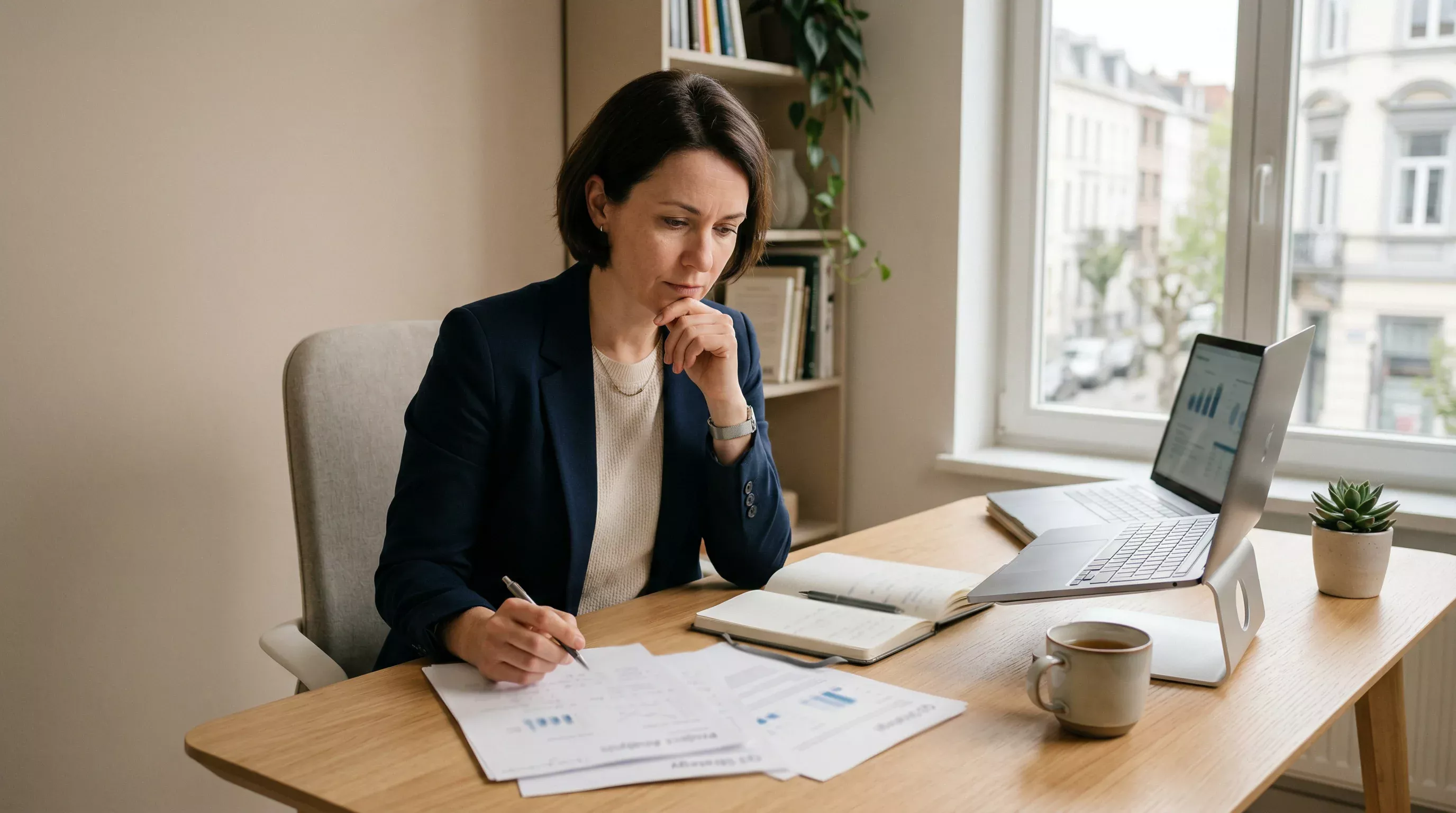 Nachdenkliche Person überprüft Sportwetten-Entscheidungen am Schreibtisch