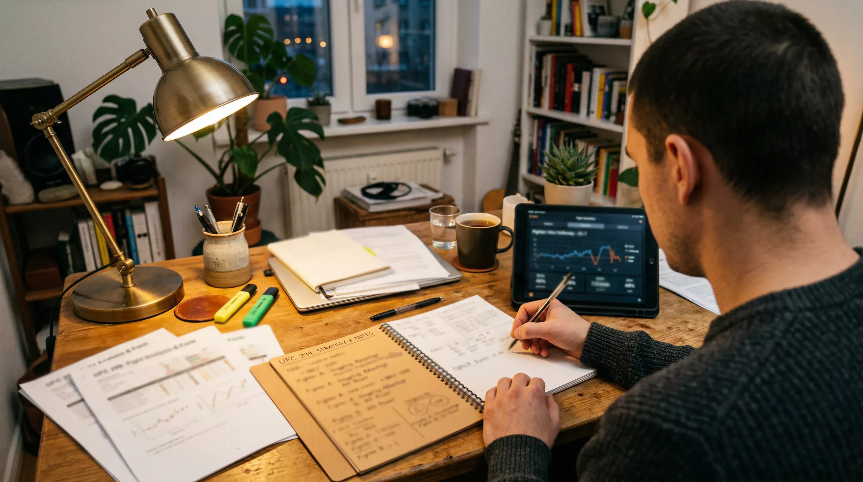 Person analysiert Sportwetten-Strategien mit Notizbuch und Statistiken