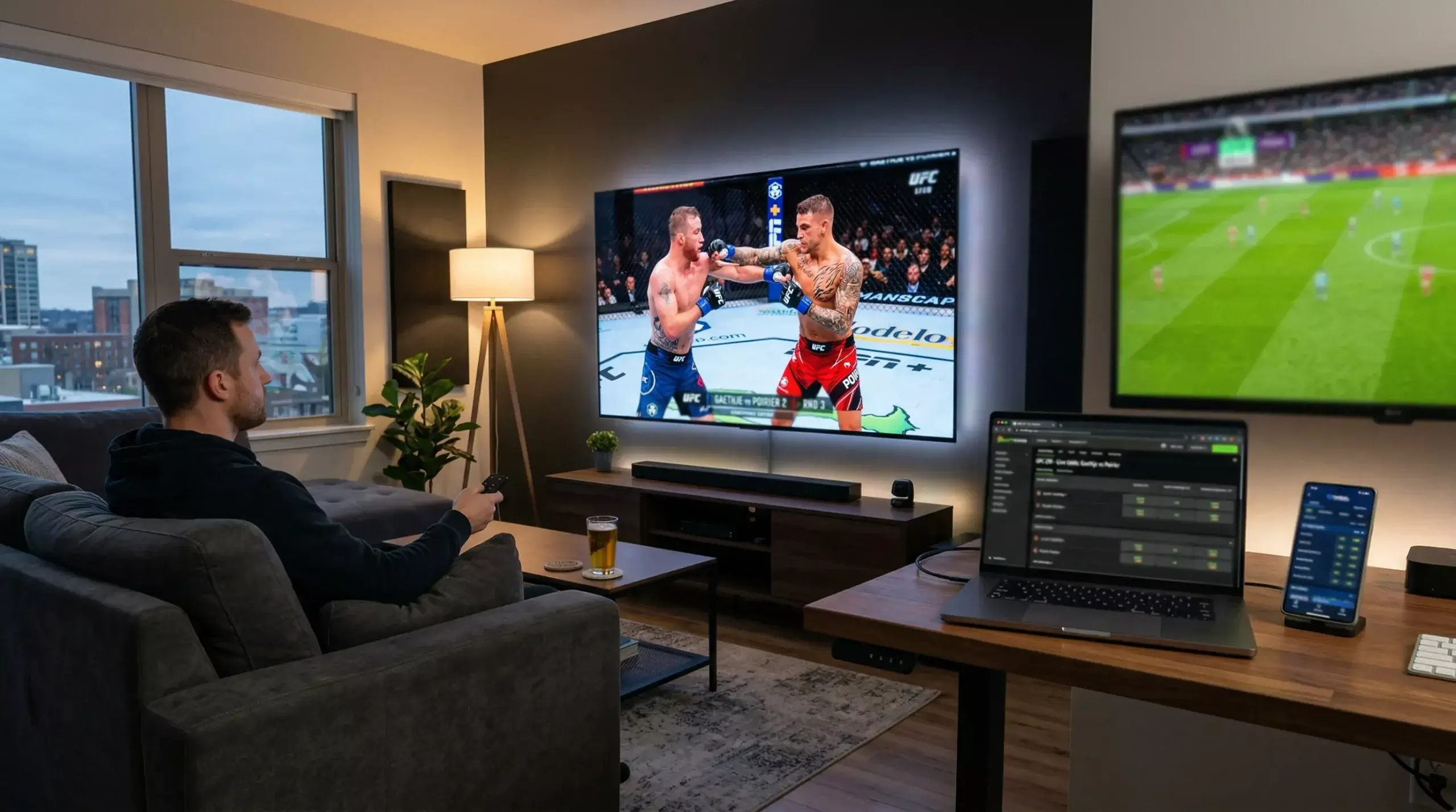 Modernes Setup mit grossem Bildschirm für UFC-Stream und Laptop für Wetten