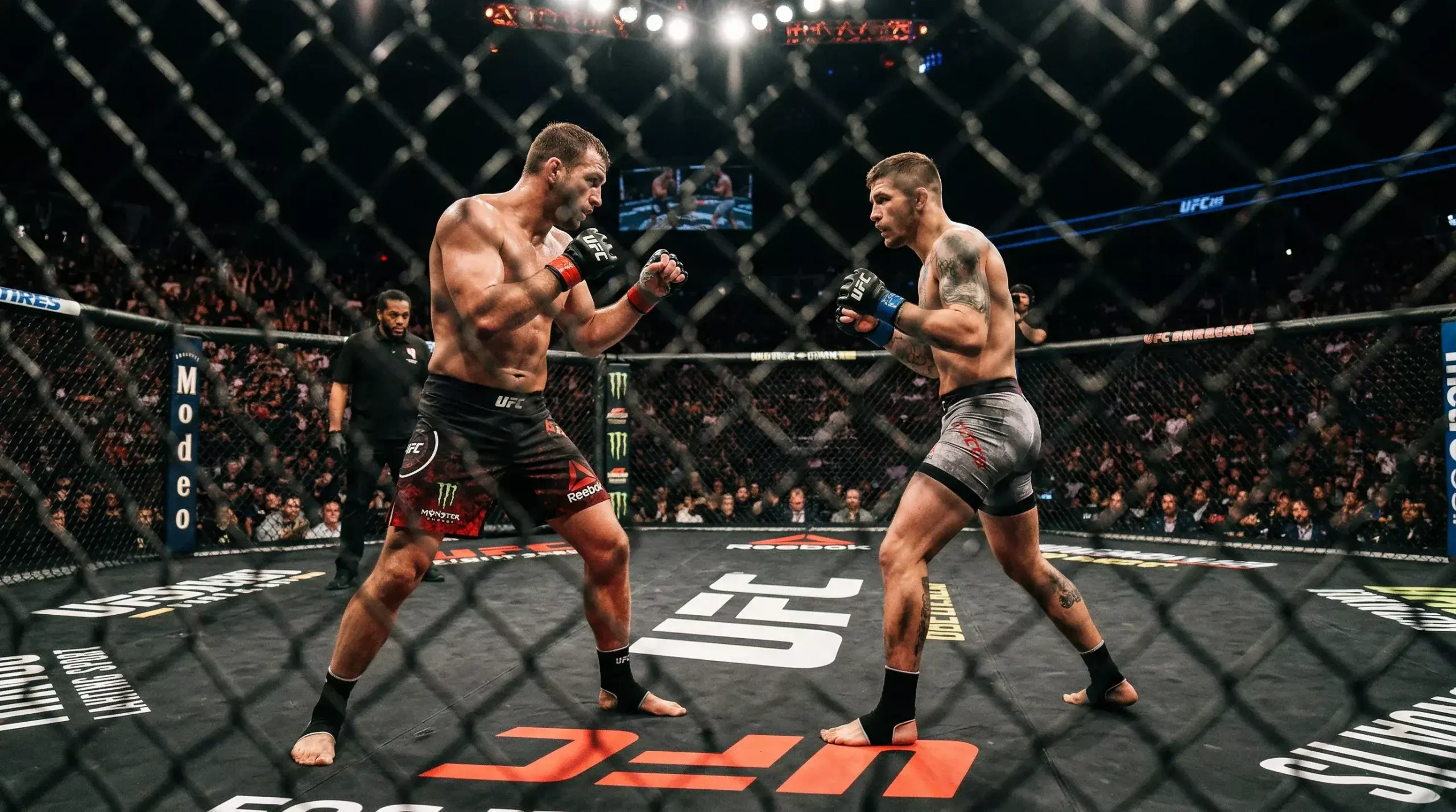 UFC-Kämpfer im Oktagon unter dramatischer Beleuchtung