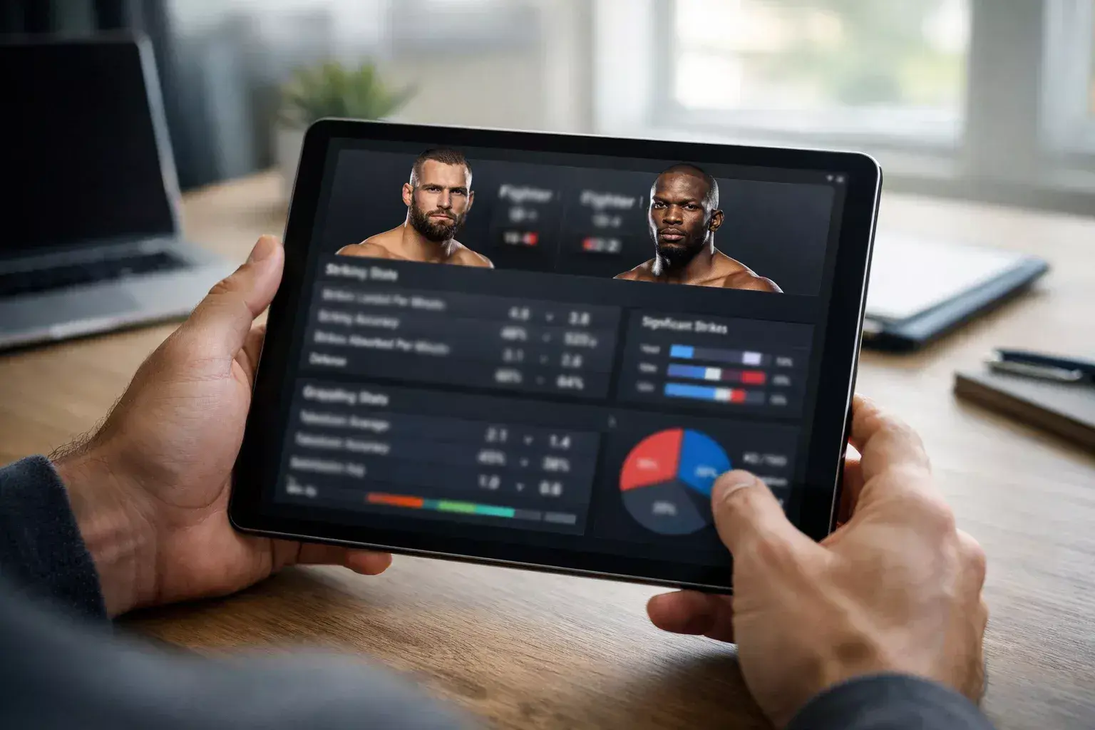 Person analysiert MMA-Kampfstatistiken auf einem Tablet am Schreibtisch