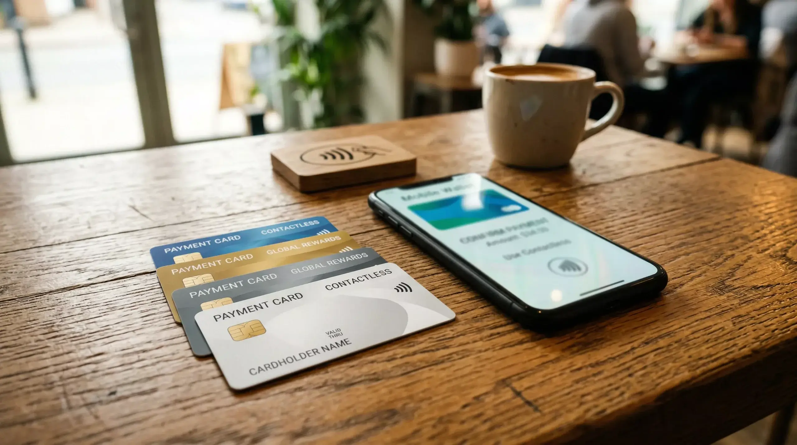 Verschiedene Zahlungskarten und Smartphone mit Bezahl-App auf einem Holztisch